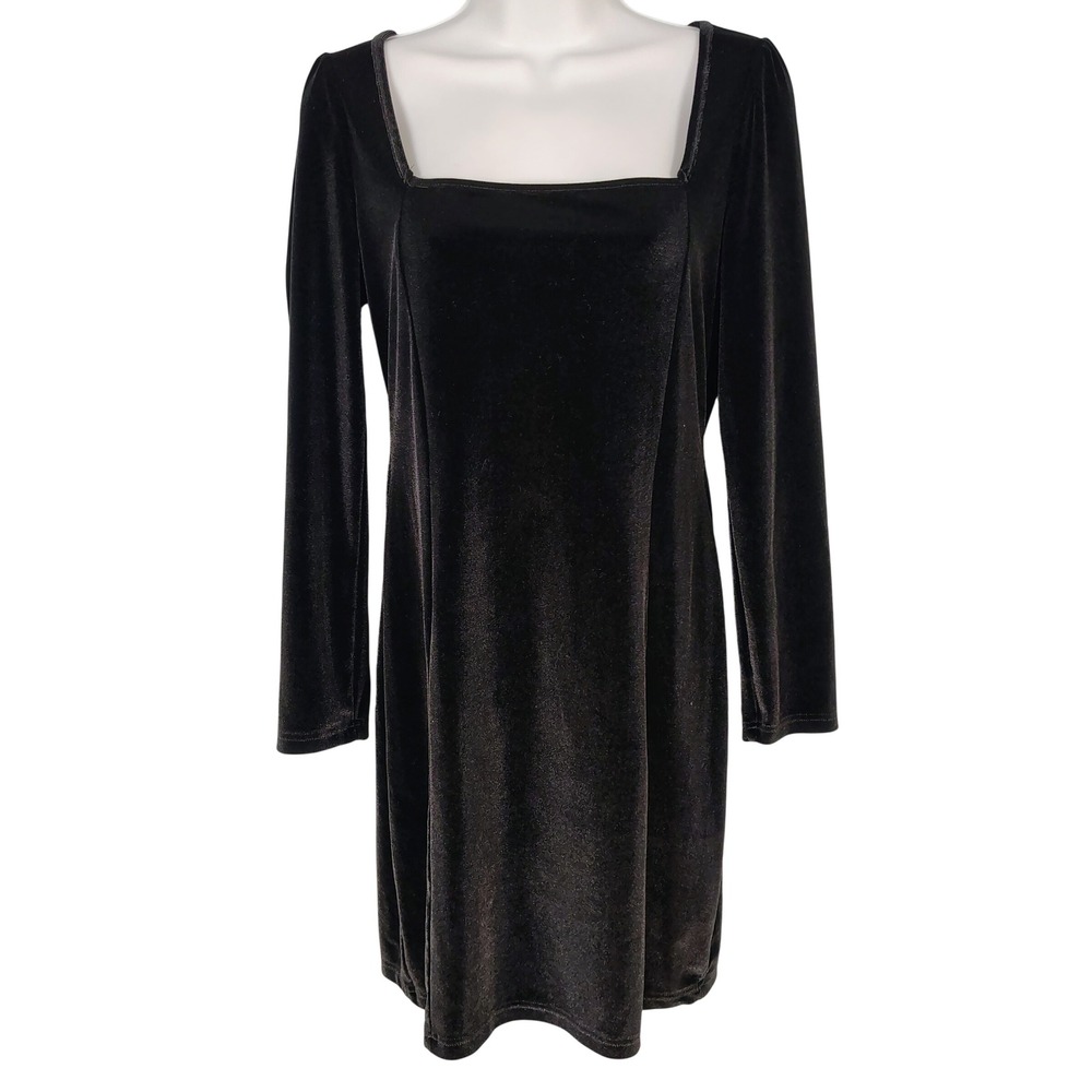 Black Velvet Square-Neck Long-Sleeve Mini Dress